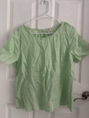 J. Crew Light Green Short-Sleeve Linen Embroidered Top
